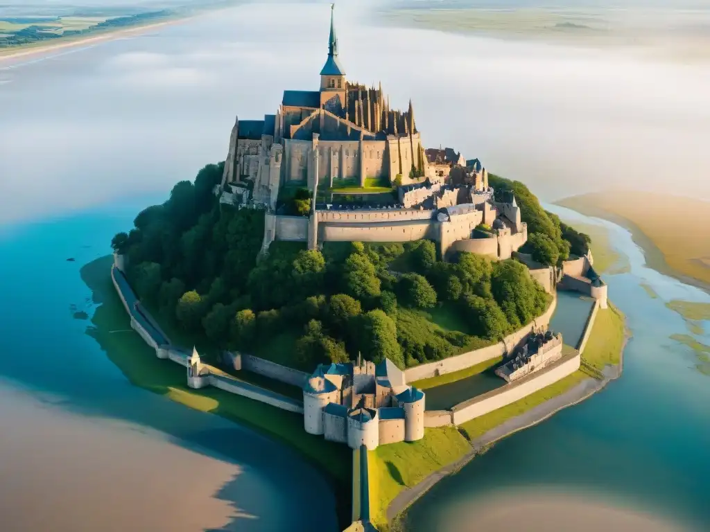 Vista aérea de Mont Saint-Michel en Francia con caballería medieval en arquitectura de castillos