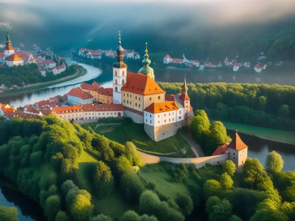 Castillo Český Krumlov: Belleza medieval en Bohemia Vista aérea del Castillo Český Krumlov, historia medieval entre bosques verdes y el río Vltava