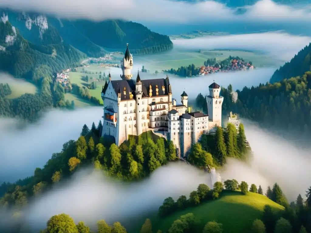 Vista aérea del misterioso Castillo de Neuschwanstein en Baviera, rodeado de naturaleza exuberante y un lago sereno