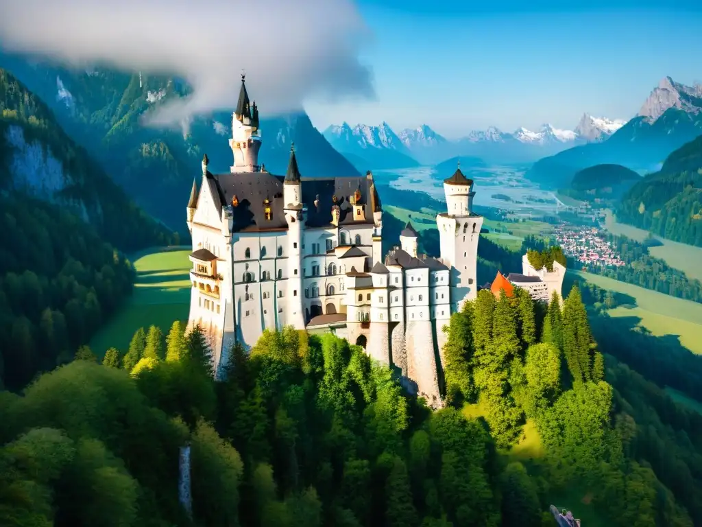 Castillo Neuschwanstein: majestuosidad en Alemania Vista aérea de Neuschwanstein rodeado de bosques verdes y montañas, un castillo antiguo para visitar mundo