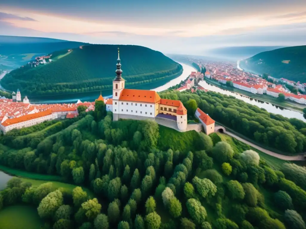 Vista aérea de Castillo Český Krumlov rodeado de exuberante vegetación, destacando detalles arquitectónicos y restauración
