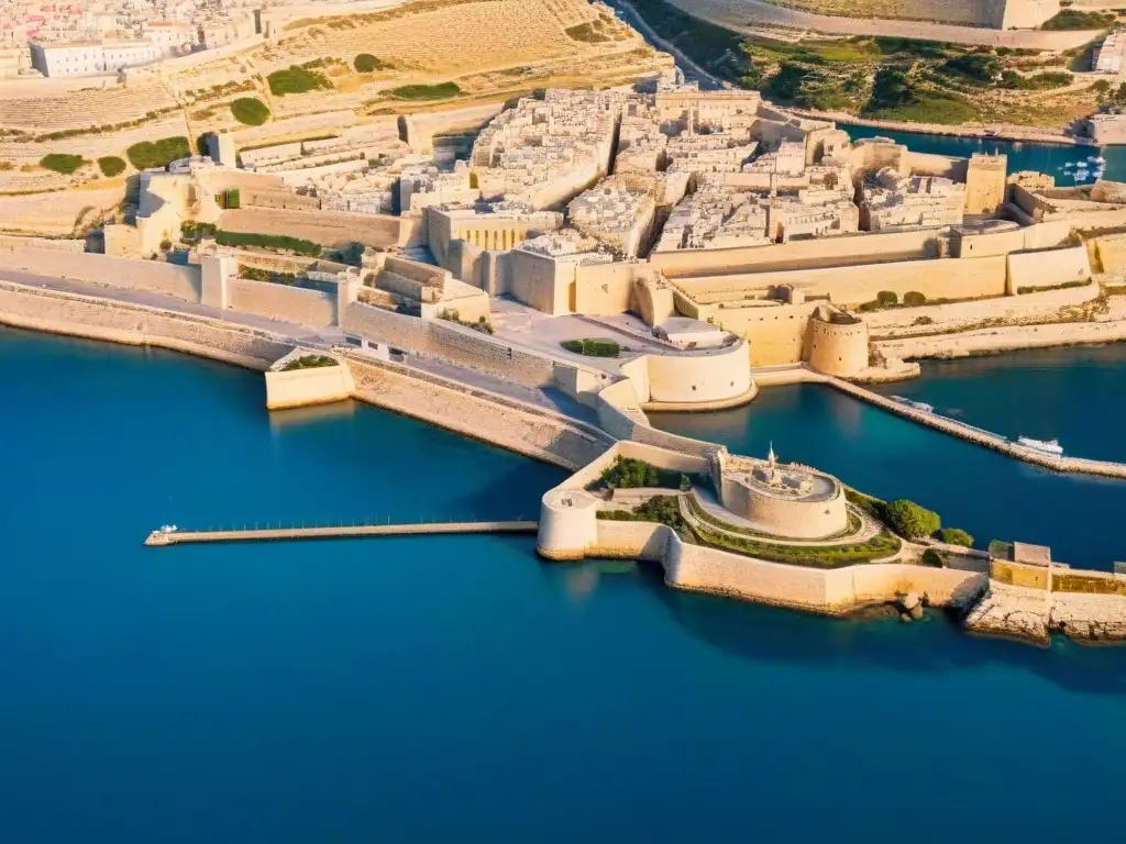 Valletta en Malta: Fortificaciones históricas en alta resolución Vista aérea de Valletta, Malta, destacando las fortalezas de la Orden de Malta