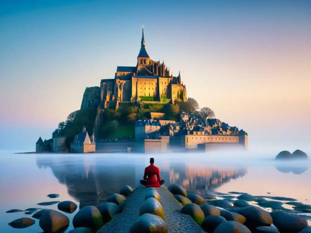 Amanecer místico en Mont Saint-Michel: retiro espiritual y serenidad Vista detallada del Mont Saint-Michel al amanecer, con la abadía antigua sobre la isla rocosa rodeada de niebla, bañada por la luz cálida del amanecer