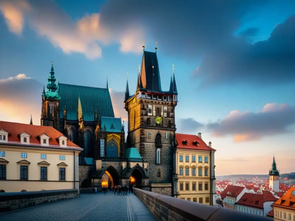 Arquitectura gótica de Praga: majestuosidad y misterio Vista detallada del Castillo de Praga resaltando su arquitectura gótica, con el río Vltava de fondo