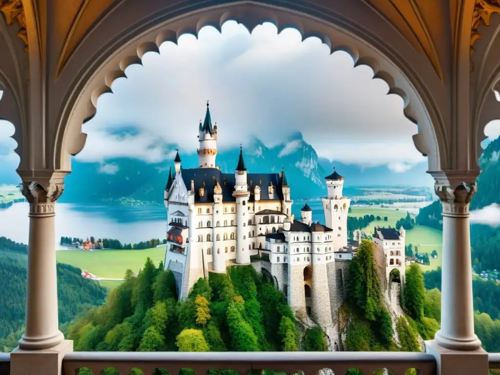 Detalles góticos del Castillo Neuschwanstein en Baviera Vista detallada del Castillo Neuschwanstein con su arquitectura gótica, torres ornamentadas y paisaje bávaro