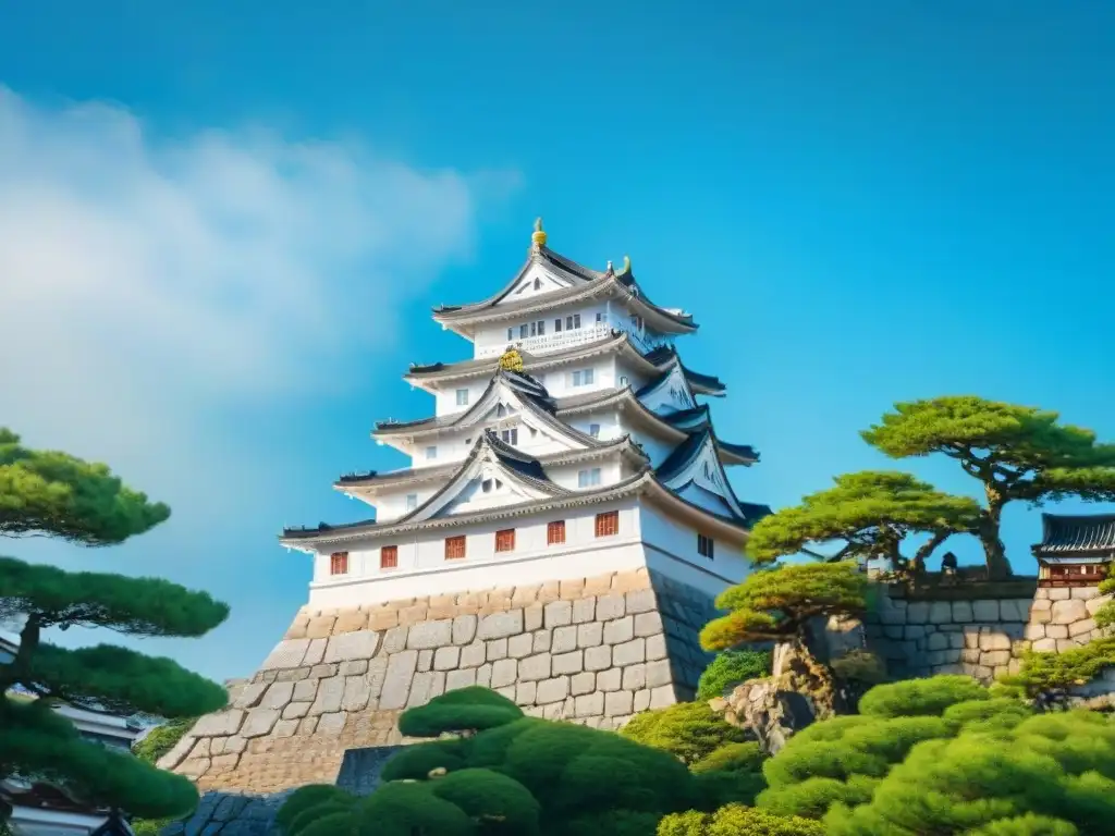 Castillo de Himeji: majestuosidad blanca y verde exuberante Una vista detallada en 8k del Castillo de Himeji, conocido como Castillo del Garza Blanca, rodeado de exuberante vegetación bajo un cielo azul