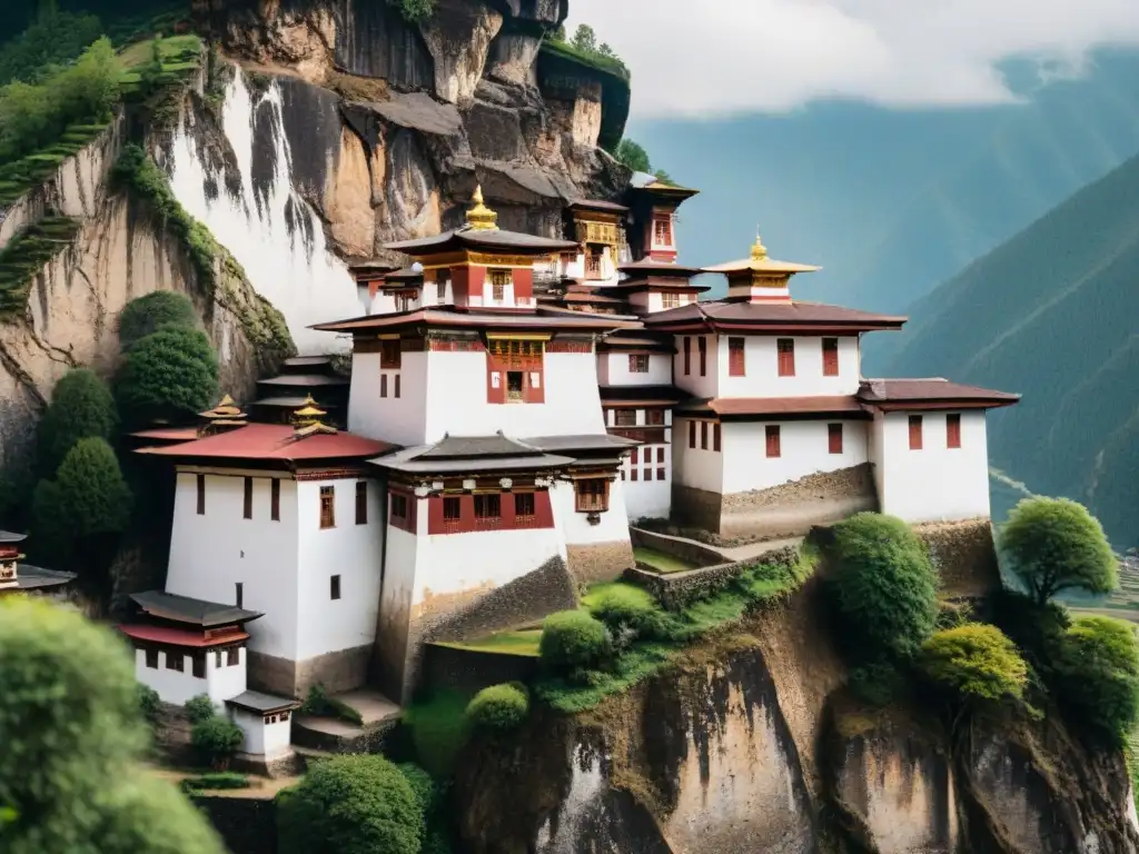 Vista detallada del Dzong de Trongsa en Bután, con su arquitectura enigmática y paisaje montañoso