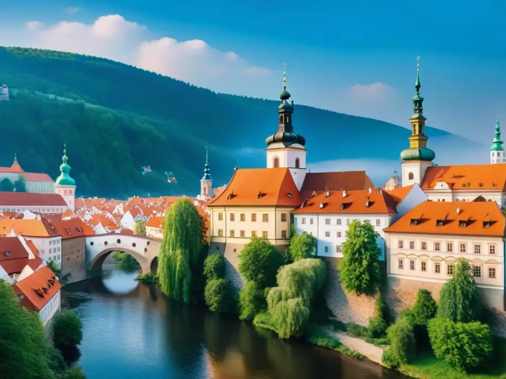 Esplendor medieval: Castillo de Český Krumlov y su encanto histórico Vista detallada del Castillo Český Krumlov en su entorno medieval, con sus torres, arquitectura y el río Vltava