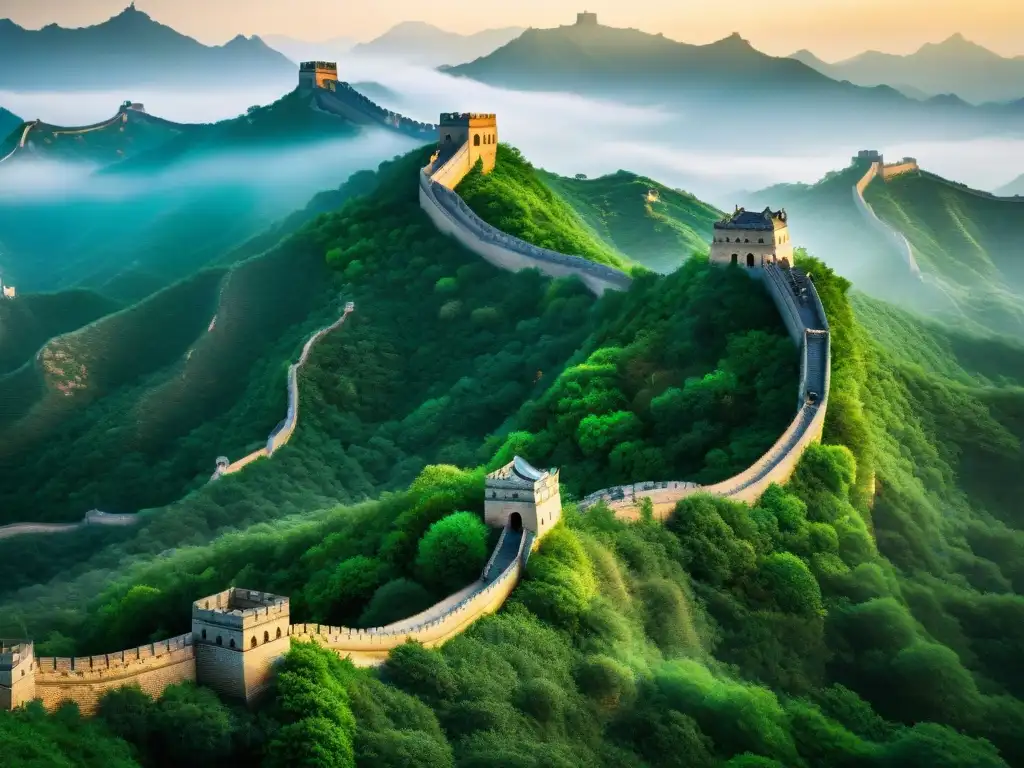 Gran Muralla China: Majestuosidad ancestral en la niebla Vista detallada de la Gran Muralla de China entre montañas brumosas, mostrando su grandeza y aura mística