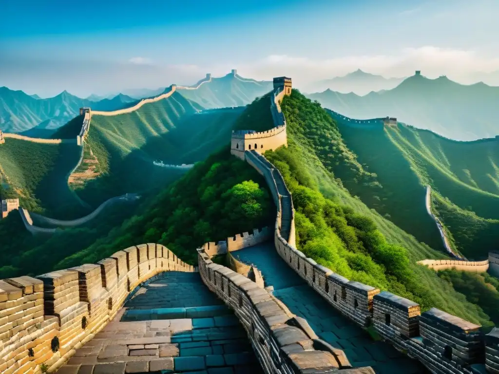 Majestuosa Gran Muralla China: Detalles en paisaje montañoso Vista detallada de la majestuosa Gran Muralla China, con castillos antiguos en un paisaje montañoso