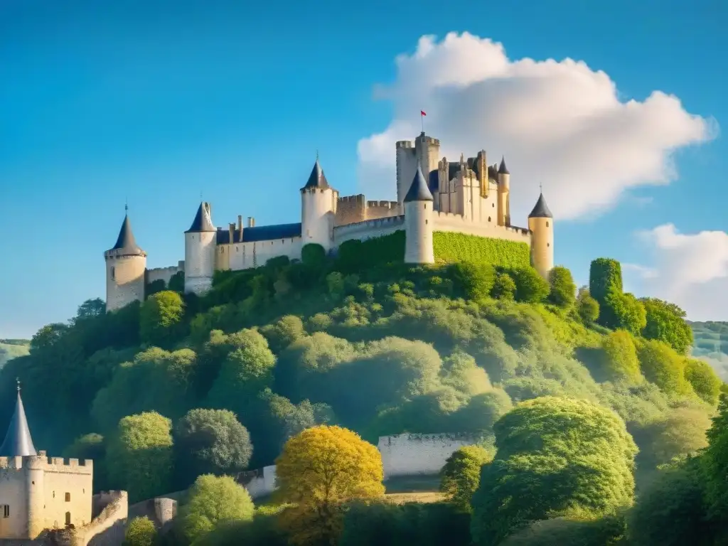 Castillo de Chinon: historia y belleza en piedra Vista detallada del majestuoso Castillo de Chinon con Juana de Arco, bajo un cielo azul claro y visitantes explorando los alrededores verdes