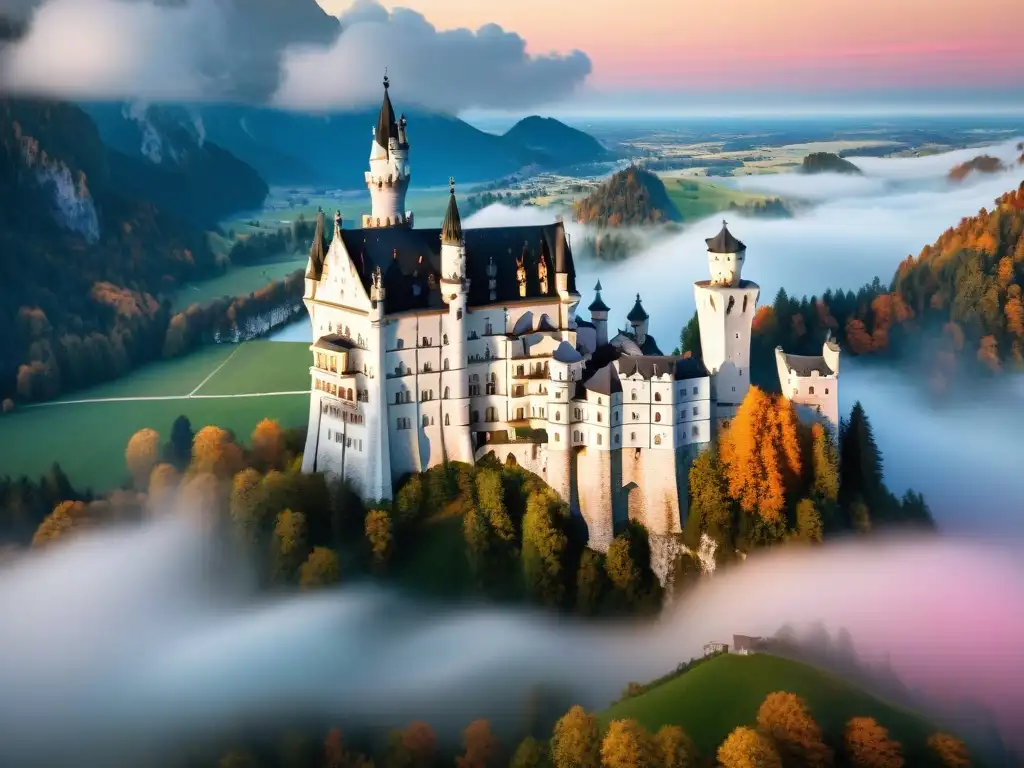 Castillo Neuschwanstein al atardecer: majestuoso y detallado Vista detallada del majestuoso Castillo de Neuschwanstein al atardecer, con su silueta destacando en tonos naranja y rosa