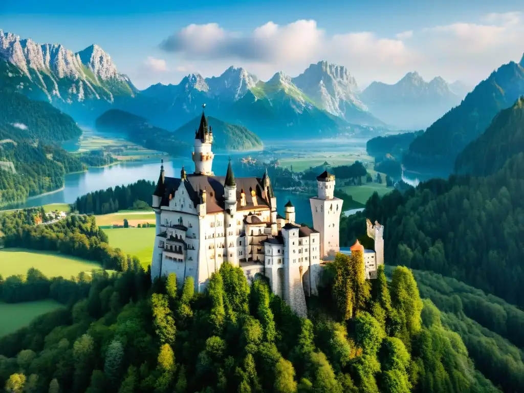 Vista detallada del majestuoso Castillo de Neuschwanstein en lo alto de una colina, rodeado de exuberantes bosques verdes bajo un cielo azul claro