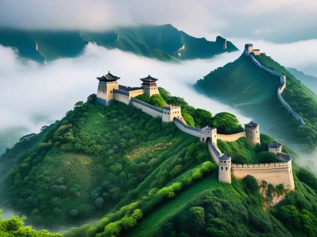 Fortaleza de Zhenbao: Antigua majestuosidad en la cumbre Vista detallada del majestuoso Castillo de Zhenbao en una montaña, envuelto en historia y rodeado de naturaleza serena