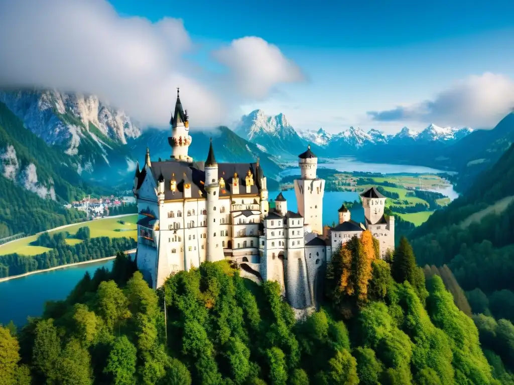Detalles majestuosos del Castillo Neuschwanstein en Alemania Vista detallada del opulento Castillo de Neuschwanstein en Alemania, con torres majestuosas y fachada ornamental, bajo cielo azul
