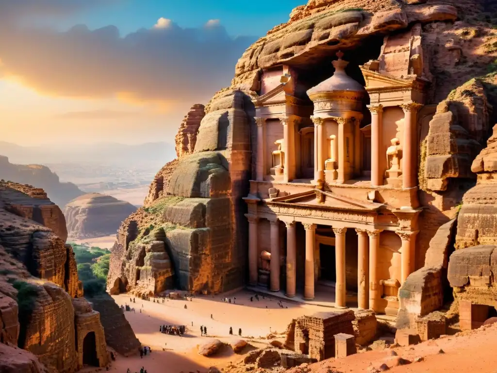Tesoro de Petra al atardecer: ruinas ancestrales en Jordania Vista detallada de las ruinas antiguas de Petra en Jordania al atardecer, resaltando la misteriosa belleza de las fortalezas en Medio Oriente