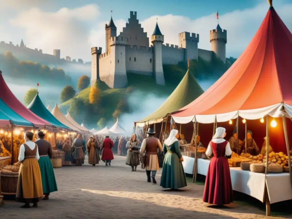 Mercado medieval: mujeres diversidad y autenticidad Vívida imagen de mujeres en ferias medievales, vendiendo, tocando música y mostrando artesanías, rodeadas de color y detalles históricos